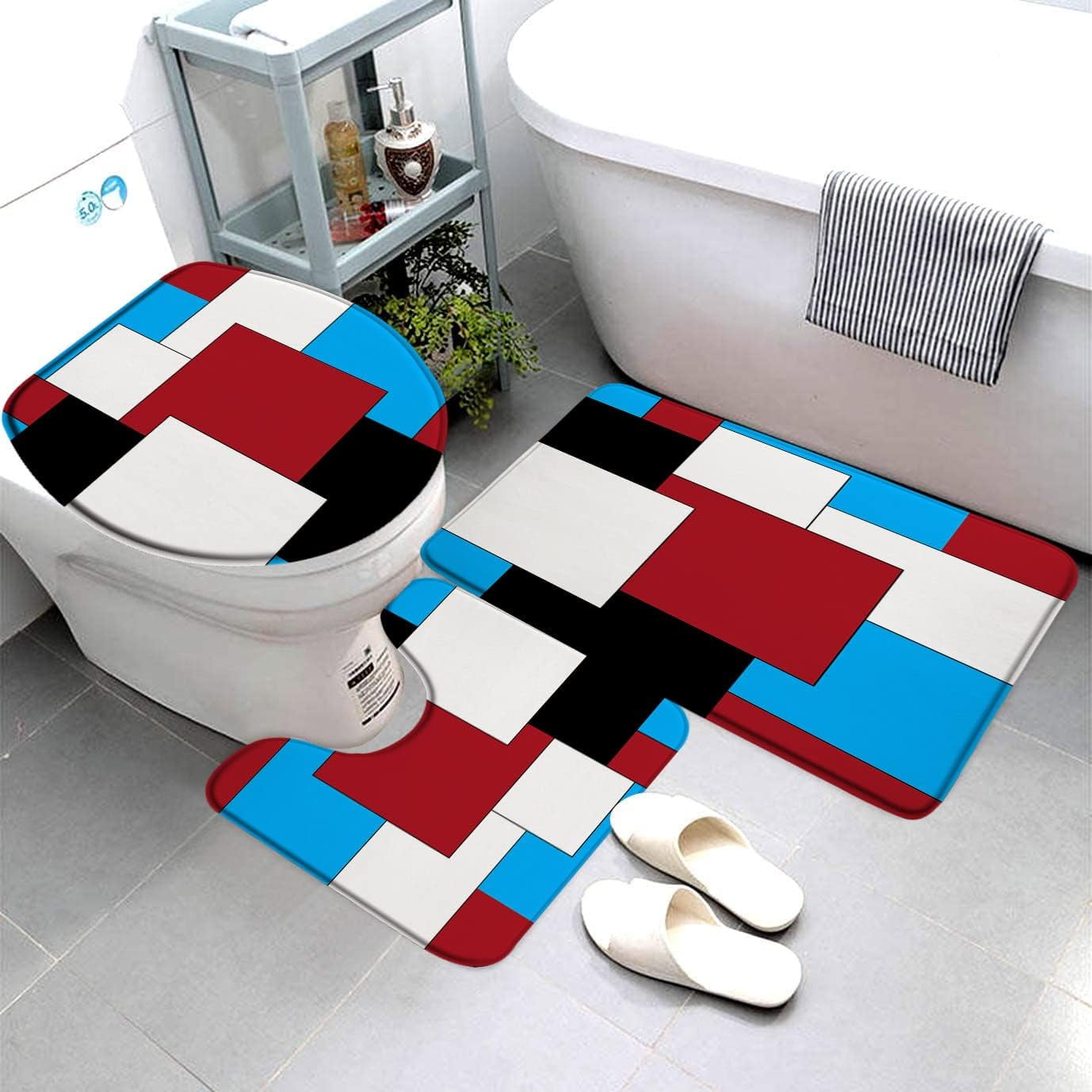 Abstract Geometric Bath Mat 3 Piece Set Bathroom Rug Red Blue Black ...