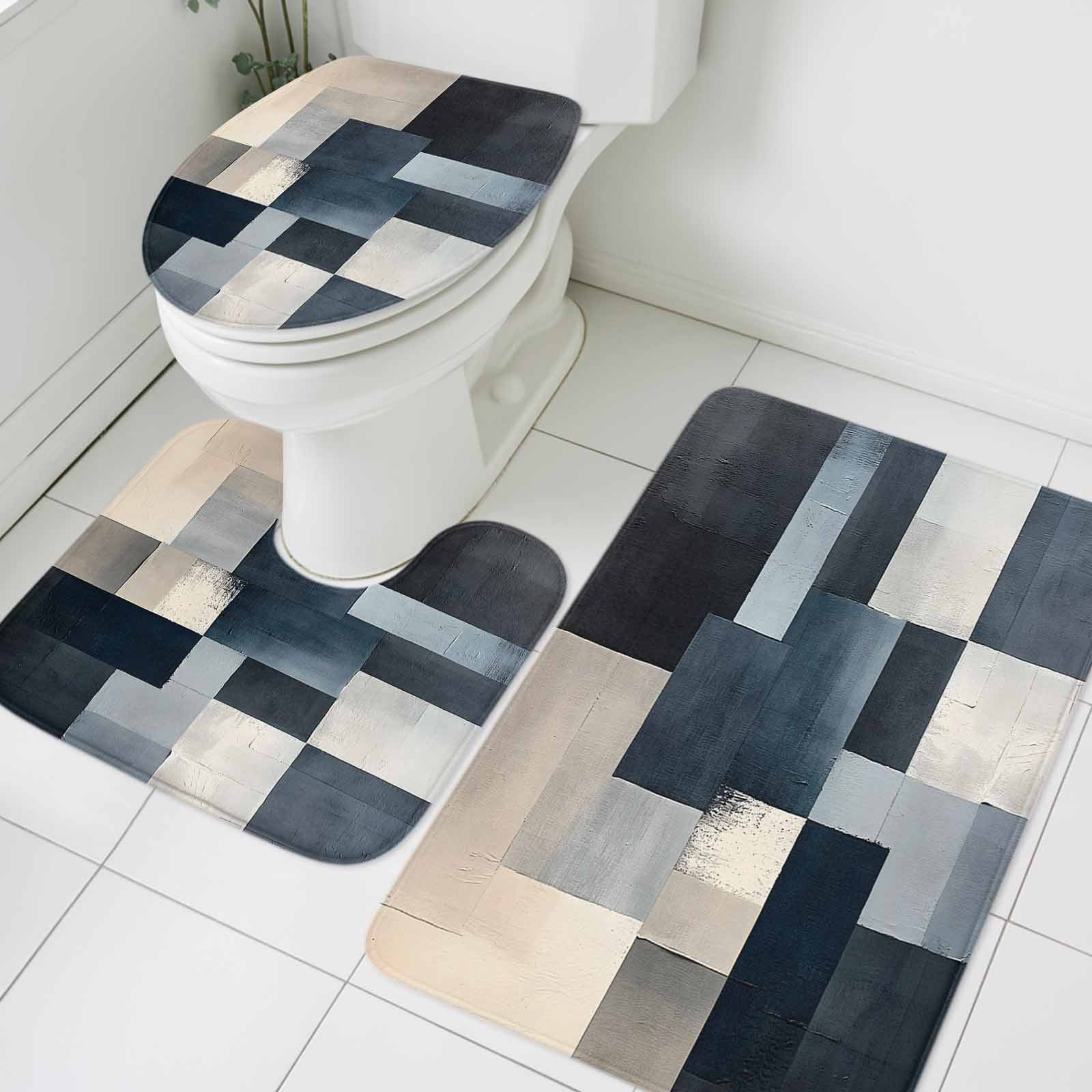 Abstract Geometric Bathroom Rugs Set Distressed Blue Black Grey Color ...