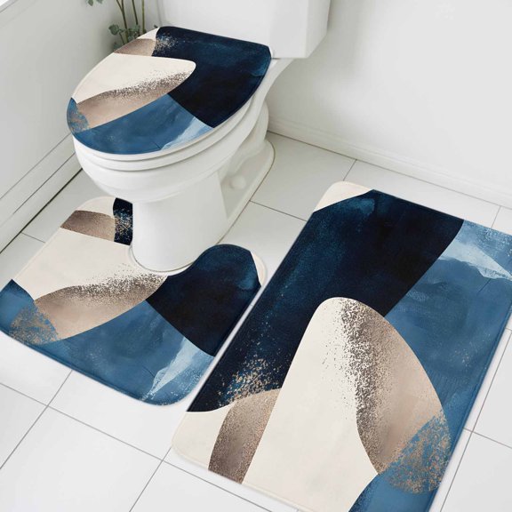 Abstract Geometric Bathroom Rugs Set Dynamic Gold Deep Blue Art Non Slip Absorbent Soft Bath Mats 3 Piece Set with Bathroom Rug, U-Shaped Floor Mat, Toilet Seat Cover Small Size