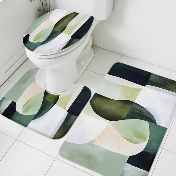 Abstract Geometric Bathroom Rugs Set Watercolor White Green Blend Non Slip Absorbent Soft Bath Mats 3 Piece Set with Bathroom Rug, U-Shaped Floor Mat, Toilet Seat Cover Small Size