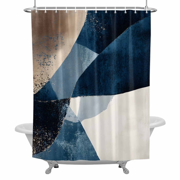 Abstract Geometric Bathroom Shower Curtain, Dynamic Blue Gold Beige Art Waterproof Washable Soft Bath Curtain for Bathtub Decor with 12 Hooks&Grommet, 36x72 Inch