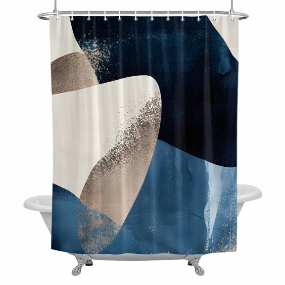 Abstract Geometric Bathroom Shower Curtain, Dynamic Gold Deep Blue Art Waterproof Washable Soft Bath Curtain for Bathtub Decor with 12 Hooks&Grommet, 54x78 Inch
