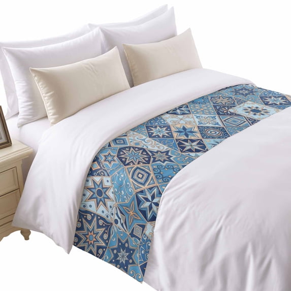 Abstract Geometric Bed Runner for King Size Bed, Blue Yellow Flower Checkered Patchwork Soft Bedding Scarf Bedding Protector Slipcover Sofa Throw for Bedroom Hotel Guesthouse