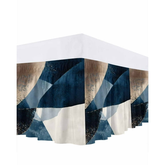 Abstract Geometric Bed Skirt King Size 16" Drop Dynamic Blue Gold Beige Art Ruffled Wrap Around Bed Skirts Adjustable Elastic Bedskirt Dust Ruffle for King Size Bed