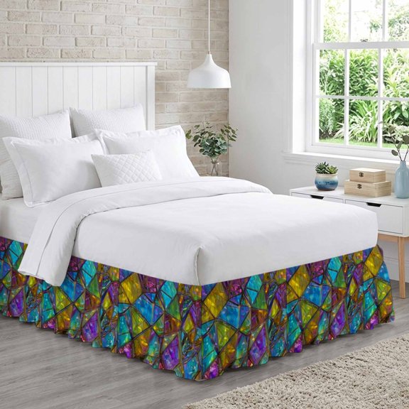 Abstract Geometric Bed Skirt King Size 16 Inch Drop, Rainbow Gradient Crystal Color Blocks Modern Adjustable Elastic Dust Ruffles Bedskirt for King Bed Wrap Around Pleated Mattress Frame Cover