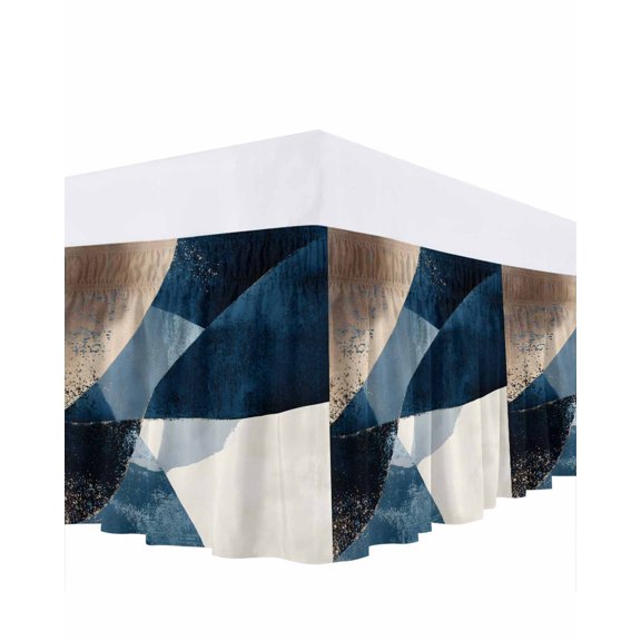 Abstract Geometric Bed Skirt Queen Size 16 Inch Drop, Dynamic Blue Gold Beige Art Wrap Around Dust Ruffle Bedskirts, Wrinkle & Fade Resistant Easy Fit Bedskirt with Adjustable Elastic
