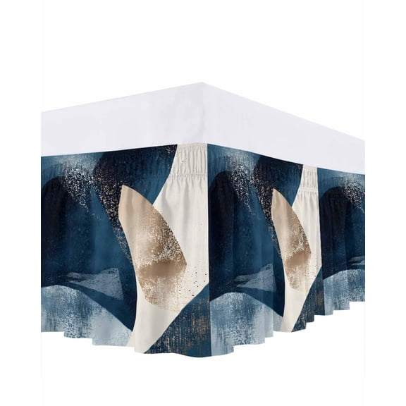Abstract Geometric Bed Skirt Queen Size 16 Inch Drop, Dynamic Deep Blue Gold Art Wrap Around Dust Ruffle Bedskirts, Wrinkle & Fade Resistant Easy Fit Bedskirt with Adjustable Elastic