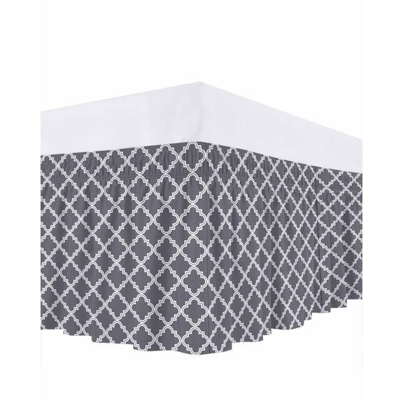 Abstract Geometric Bed Skirt Queen Size 18" Drop Dark Grey Moroccan Trellis Ruffled Wrap Around Bed Skirts Adjustable Elastic Bedskirt Dust Ruffle for Queen Size Bed
