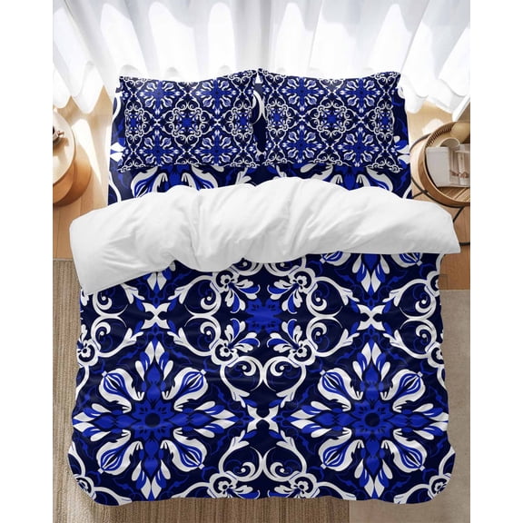 Abstract Geometric Bedding Duvet Cover Set Full Size 4 Pieces Floral Blue Bohemia Style Bedding Set with Zipper Closure, 1 Comforter Cover 86x86 Inches 1 Flat Sheet & 2 Pillow Cases
