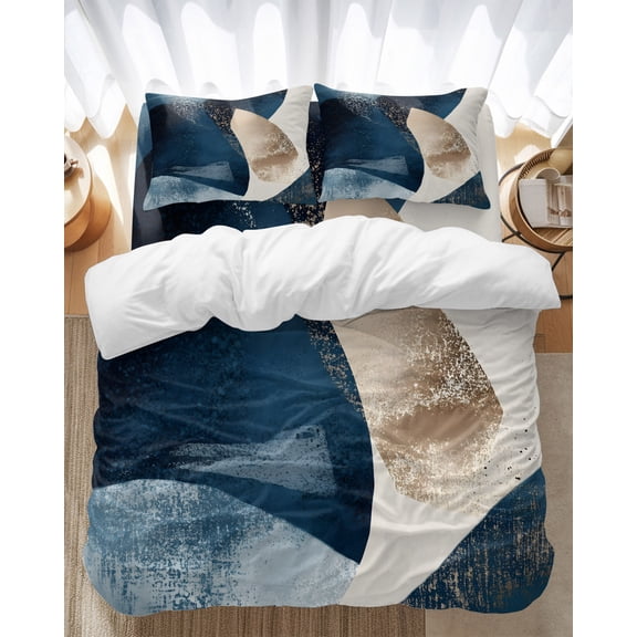 Abstract Geometric Bedding Duvet Cover Set Queen Size 4 Pieces Dynamic Deep Blue Gold Art Bedding Set with Zipper Closure, 1 Comforter Cover 90x90 Inches 1 Flat Sheet & 2 Pillow Cases