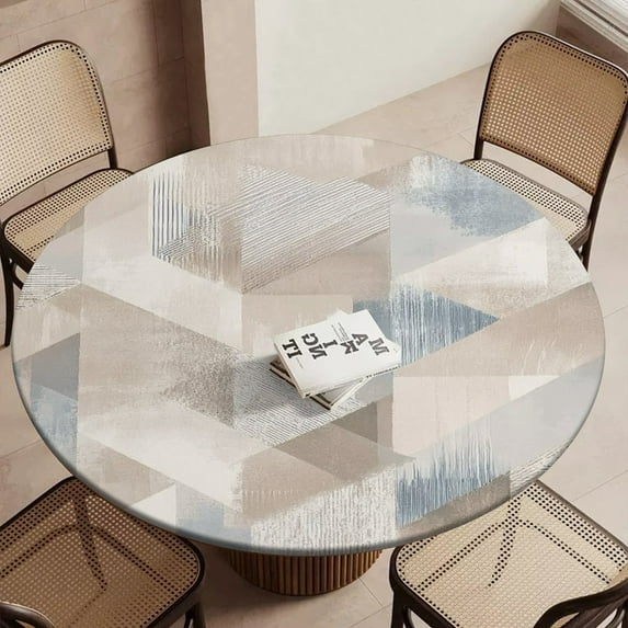 Abstract Geometric Beige Design Round Table Cover Kitchen Printed ...