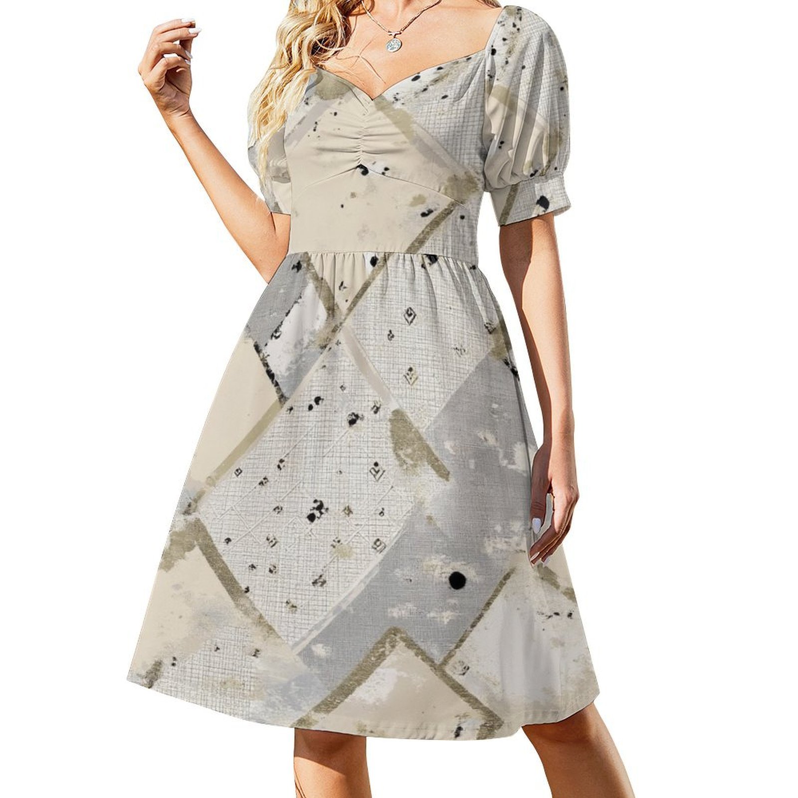 Abstract Geometric Beige Pattern Short Sleeve Dress Clothes Women's ...