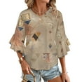 thumbnail image 1 of Abstract Geometric Beige Pattern Women's V-Neck Blouse With 3/4 Ruffled Bell Sleeves Casual Top Ladies Blouses, 1 of 7