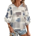 thumbnail image 1 of Abstract Geometric Beige Pattern Women's V-Neck Blouse With 3/4 Ruffled Bell Sleeves Casual Top Ladies Blouses, 1 of 7