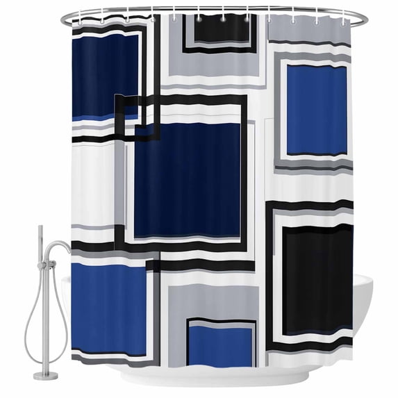 Abstract Geometric Black Blue Block Fabric Shower Curtain Modern Art Washable Shower Curtains for Bathroom, Waterproof Bath Curtain with Hooks Home Decor 72x84in