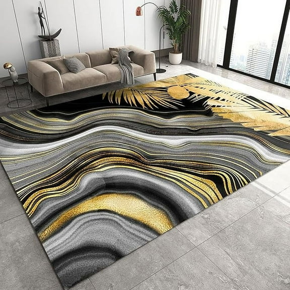 Abstract Geometric Black Gold Marble Texture Area Rug, Light Luxury Gilt Tropical Plant Art Large Rugs, With Anti-Slip Backing Washable Carpet For Living Room Bedroom Dining Room 5 x 6ft