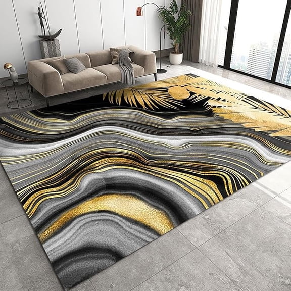 Abstract Geometric Black Gold Marble Texture Area Rug, Light Luxury Gilt Tropical Plant Art Large Rugs, With Anti-Slip Backing Washable Carpet For Living Room Bedroom Dining Room 5'3" x 6'7"