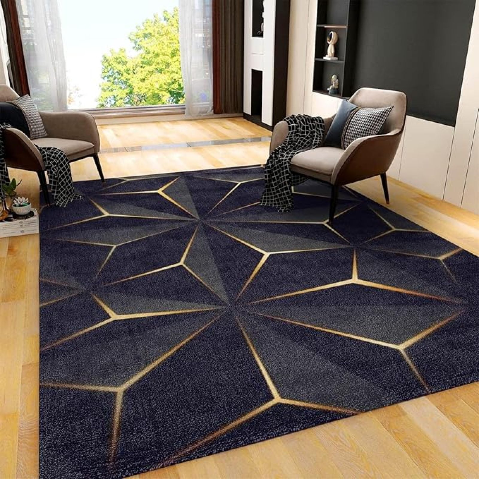 Study Rugs Abstract Geometric Black Gold Stripes Area Rugs, Luxurious Golden ...