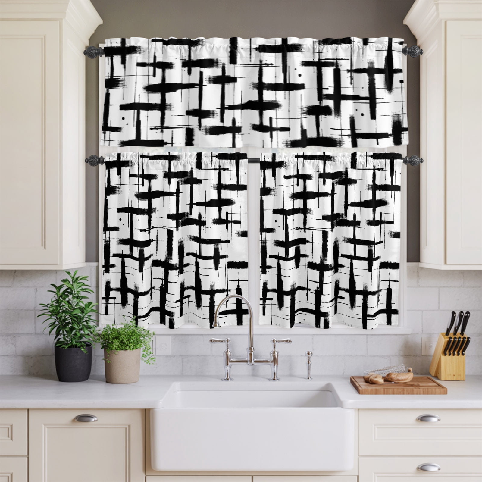 Abstract Geometric Black Stripes Curtain Tier and Valance Set 3 Piece ...