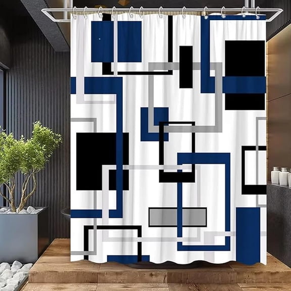 Abstract Geometric Black White Blue Shower Curtain Block Square Elegant Frame Modern Decor Fabric Bathroom With Hook 54"W x 72"L