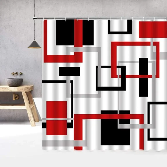 Abstract Geometric Black White Red Shower Curtain 3D Block Square Elegant Frame Modern r Fabric Bathroom with Hook Grey