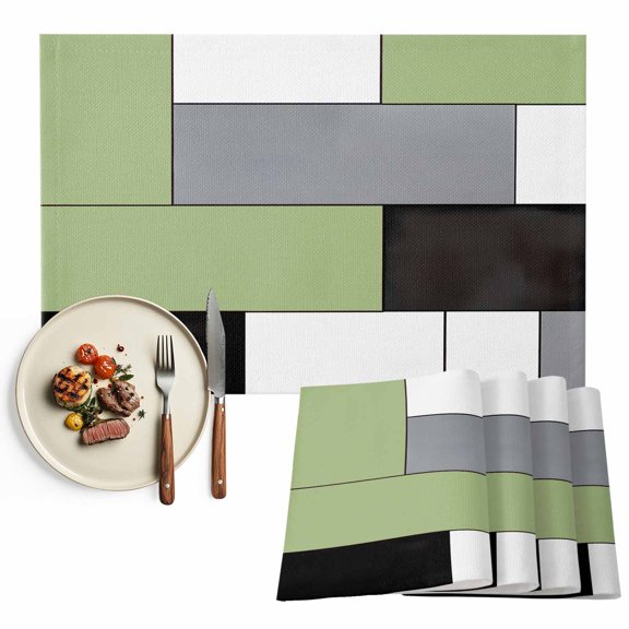 Abstract Geometric Block Pattern Placemat of 1 PC, Green White Gray Table Mats Washable Heat-Resistant Non-Slip Place Mats for Kitchen Dinner Table Indoor Outdoor Decor,13x19 Inch