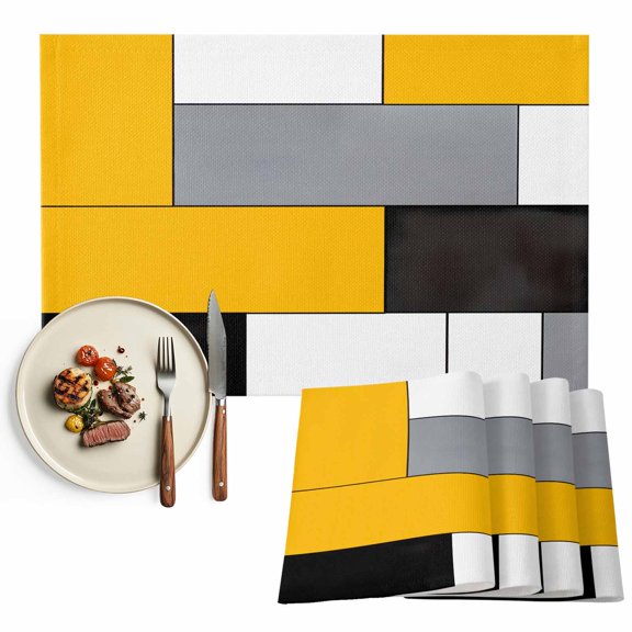 Abstract Geometric Block Pattern Placemats Set of 12, Yellow White Gray Table Mats Washable Heat-Resistant Non-Slip Place Mats for Kitchen Dinner Table Indoor Outdoor Decor,13x19 Inch