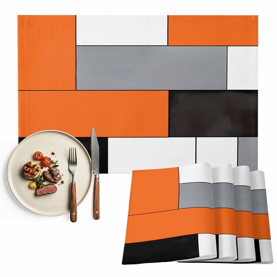 Abstract Geometric Block Pattern Placemats Set of 8, Orange Gray Black White Table Mats Washable Heat-Resistant Non-Slip Place Mats for Kitchen Dinner Table Indoor Outdoor Decor,13x19 Inch