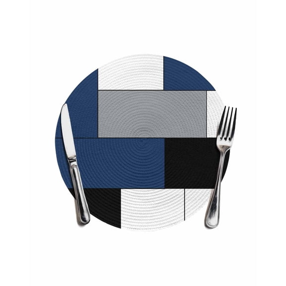 Abstract Geometric Block Pattern Round Table Placemats 1 pc, Blue White Gray Washable Woven Place Mats for Dining Tables Kitchen Party Decor,Heat Proof, 13in,