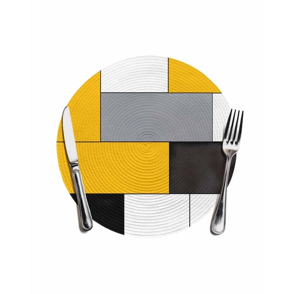 Abstract Geometric Block Pattern Round Table Placemats 1 pc, Yellow White Gray Washable Woven Place Mats for Dining Tables Kitchen Party Decor,Heat Proof, 13in,