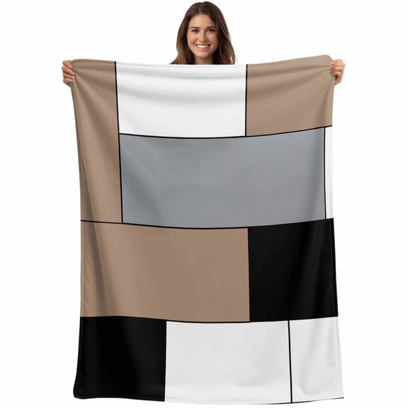 Abstract Geometric Block Pattern Throw Blankets, Brown White Gray Soft Fleece Blanket Decorative for Home Sofa Couch Chair Living Bedroom, 50x60 inches,
