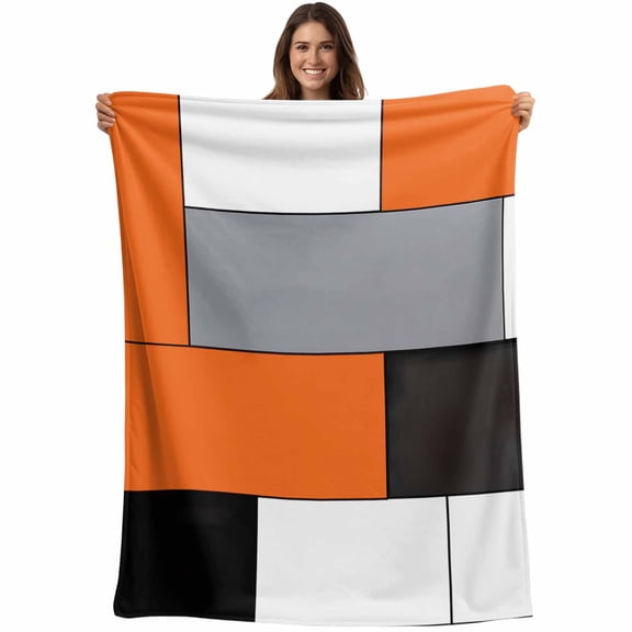 Abstract Geometric Block Pattern Throw Blankets, Orange Gray Black White Soft Fleece Blanket Decorative for Home Sofa Couch Chair Living Bedroom, 60x80 inches,