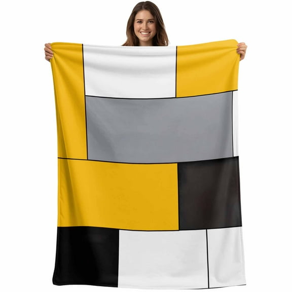 Abstract Geometric Block Pattern Throw Blankets, Yellow White Gray Soft Fleece Blanket Decorative for Home Sofa Couch Chair Living Bedroom, 30x40 Inches,