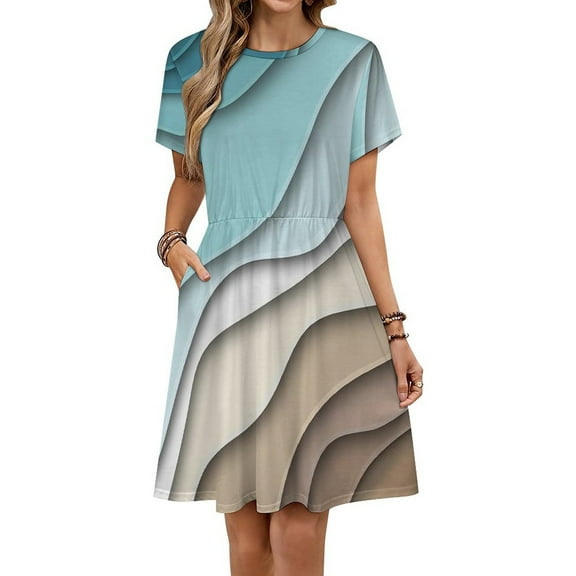 Abstract Geometric Blue Brown Gradient Dress Summer Street Style Dresses Female Short Sleeve Printed Sundress