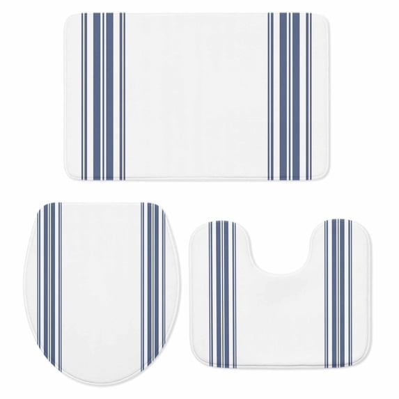 Abstract Geometric Blue Stripe, Bath Mat 3 Piece Bathroom Rug Set, White Backdrop Non Slip Bath Rug Contour Mat and Toilet Lid Cover, Absorbent Shower Mats Soft Bath Rugs and Mats Sets