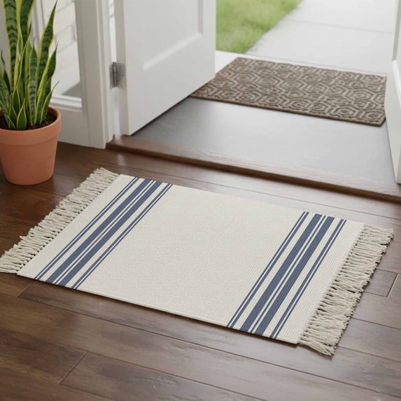 Abstract Geometric Blue Stripe Bathroom Rug 2'x3', White Backdrop Low Profile Front Entryway Rug with Tassels, Woven Cotton Washable Kitchen Mat Carpet for Foyer Bedroom Back Door Decor