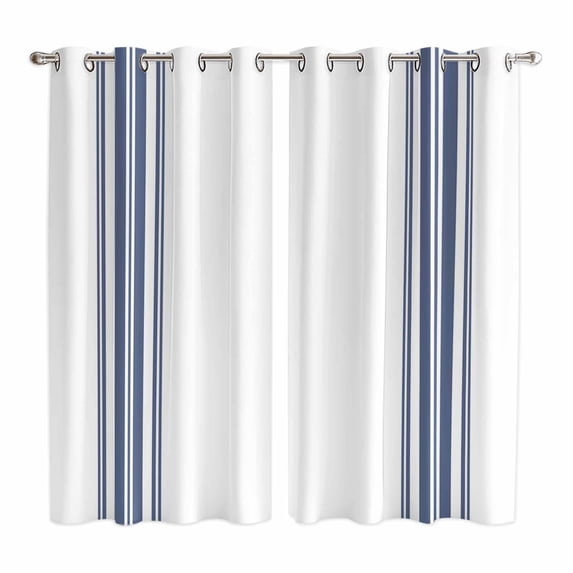Abstract Geometric Blue Stripe Kitchen Curtains 63 Inch Length, White Backdrop Grommet Top Bedroom Living Room Curtains, Light Filtering Cafe Curtain Drapes 2 Panels Set 84''x63''