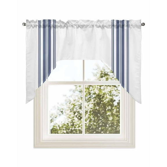 Abstract Geometric Blue Stripe, Kitchen Swag Valance for Window, Rod Pocket Short Kitchen Curtains&nbsp;36 Inch Length, White Backdrop Swag Topper Small Window Treatment for Cafe Bathroom Bedroom