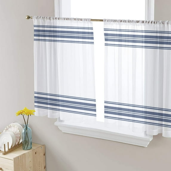 Abstract Geometric Blue Stripe, Sheer Curtains 54 Inch Length 2 Panels Set for Living Room/Bedroom, White Backdrop Semi Curtain Sheers Drapes Rod Pocket Curtains Window Treatment Set 52''x54''x2