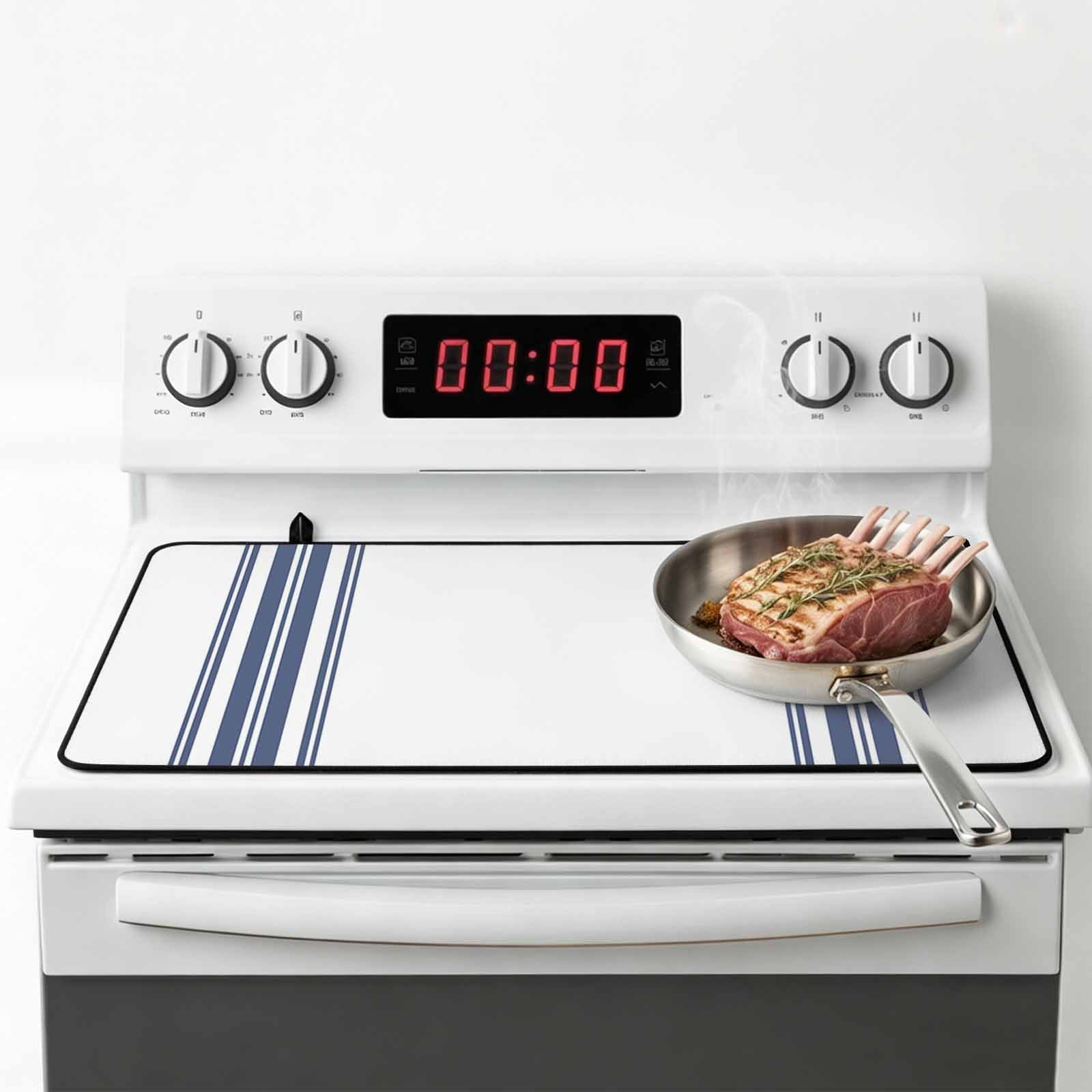 Abstract Geometric Blue Stripe, Stove Top Cover for Electric Stove, Heat-proof & Non Slip Glass Top Stove Cover Protector, White Backdrop Kitchen Flat Cooktop Rubber Mat 36x21 Inches