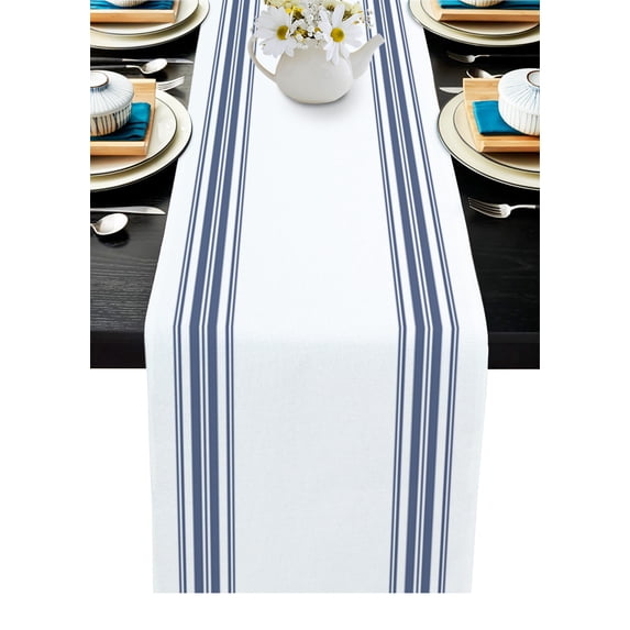 Abstract Geometric Blue Stripe, Table Runner White Backdrop Tablerunners 18 x 72 Inch, Table Decorations Tabletop Scarf for Summer Gathering Holiday Farmhouse Kitchen Dining Decor