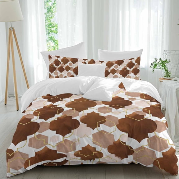 Abstract Geometric Brown Lattice Queen Size Bed Set,Moroccan Retro Tile Plaid Bedding for All Seasons,4 Pcs Bed Set,1 Quiltcover (90"x92"),1 Sheet(94"x116"),2 Pillowcases (30"x20")