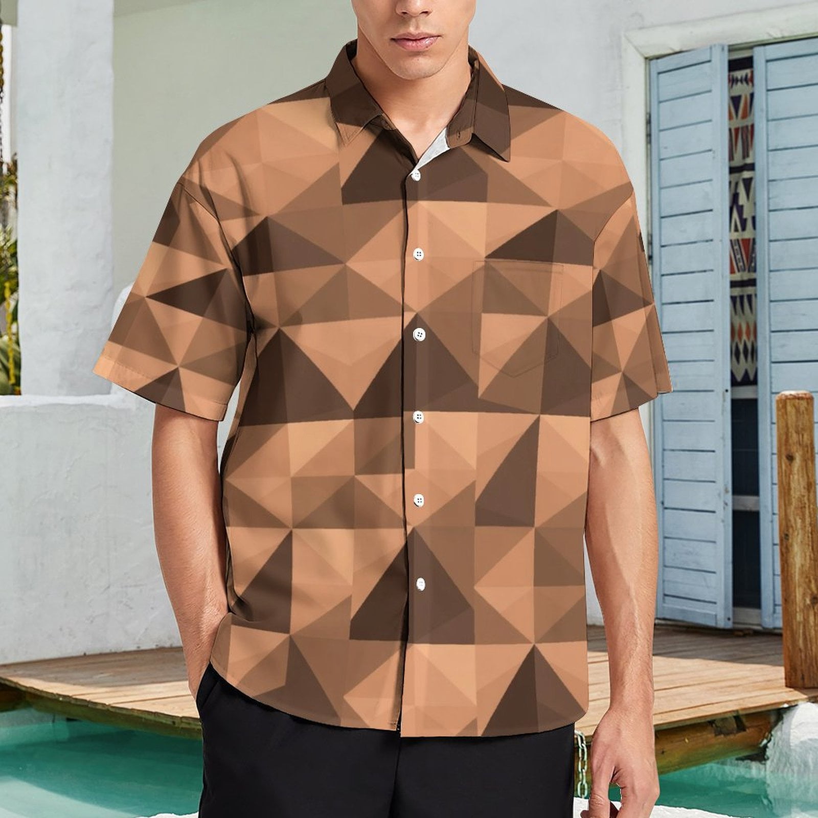 Abstract Geometric Brown Triangle Pattern Male Retro Print Casual ...