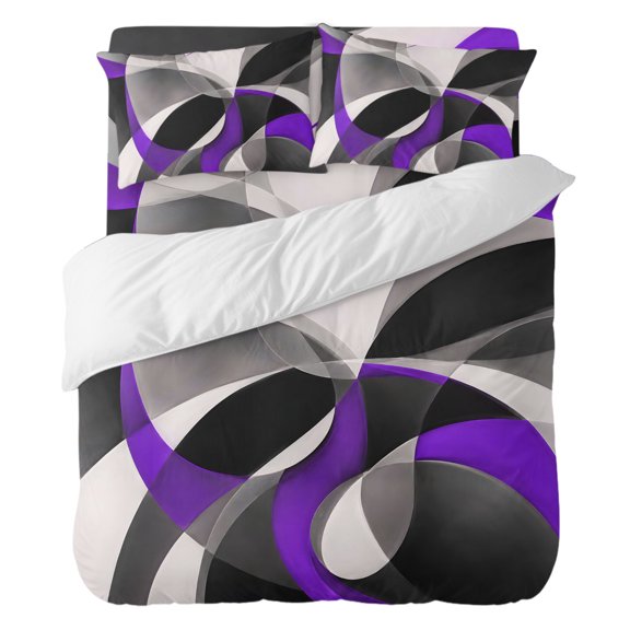 Abstract Geometric California King Duvet Cover Set, Dark Gray Purple Arcs Waves Modern 4 Piece Microfiber Bedding Set with Zipper Closure, Bed Sheet and 2 Pillow Shams, Soft Bedding Cover