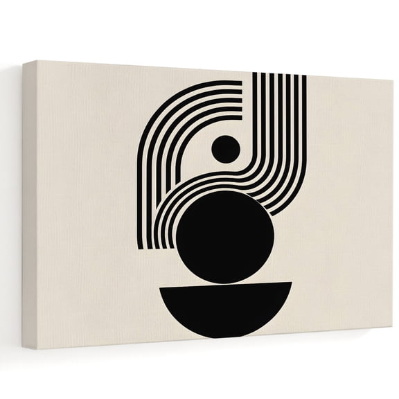 Abstract Geometric Canvas Wall Art 16" x 12" Modern Minimalist Black Line Circle Beige Frame Picture Prints, Ready to Hang Waterproof Artwork Decor for Bedroom, Office, Bathroom Entryway