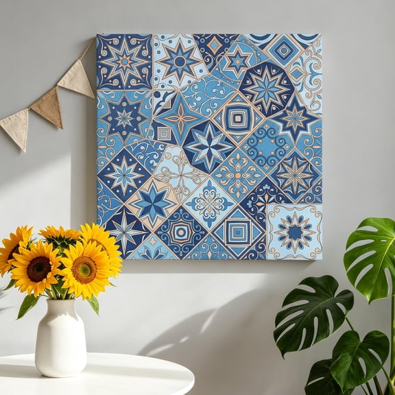 Abstract Geometric Canvas Wall Art, Blue Yellow Flower Checkered Patchwork Framed Canvas Wall Decor Picture Print Artwork Decorations for Living Room Office Ready to Hang 10" x 10"