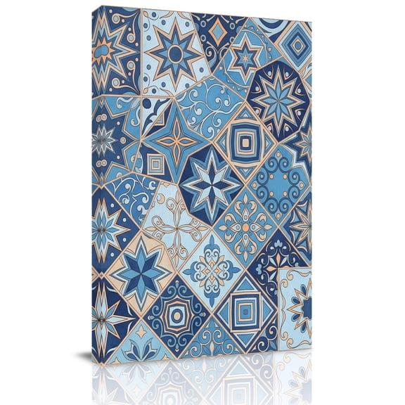 Abstract Geometric Canvas Wall Art for Living Room, Blue Yellow Flower Checkered Patchwork Poster Print Painting for Bedroom Office Home Decoration Wall Pictures Prepare To Hang 16"x24"