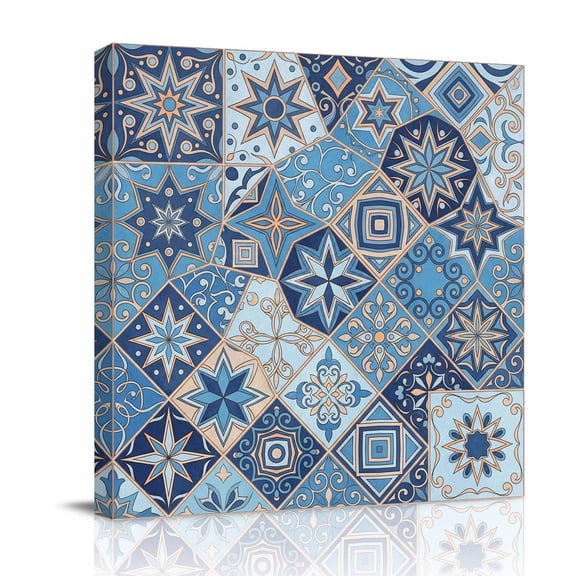 Abstract Geometric Canvas Wall Art for Living Room, Blue Yellow Flower Checkered Patchwork Poster Print Painting for Bedroom Office Home Decoration Wall Pictures Prepare To Hang 16"x16"