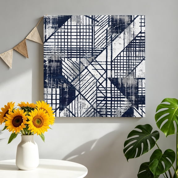 Abstract Geometric Canvas Wall Art for Living Room, Navy Blue Intersecting Lines Grids Modern Poster Print Painting for Nightstand Bathroom Collage Decoration Wall Pictures Prepare To Hang 8"x8"