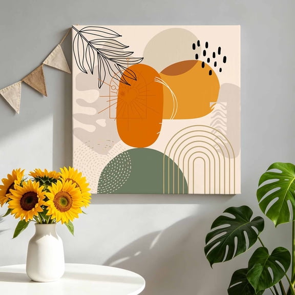 Abstract Geometric Canvas Wall Art, Orange Green Yellow Circle Plants Beige Background Framed Canvas Wall Decor Picture Print Artwork Decorations for Living Room Office Ready to Hang 8" x 8"